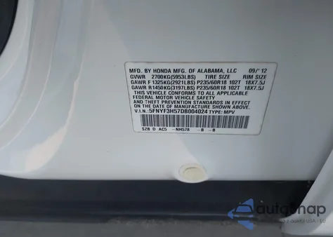 2013 Honda Pilot Ex-L из США, поврежденный, VIN 5FNYF3H57DB004024